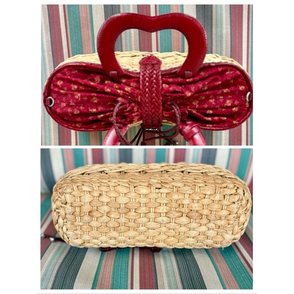 BRIGHTON Vintage "Marilyn" Woven Heart Satchel/Red Croco-Embossed Leather Trim - Picture 8 of 14